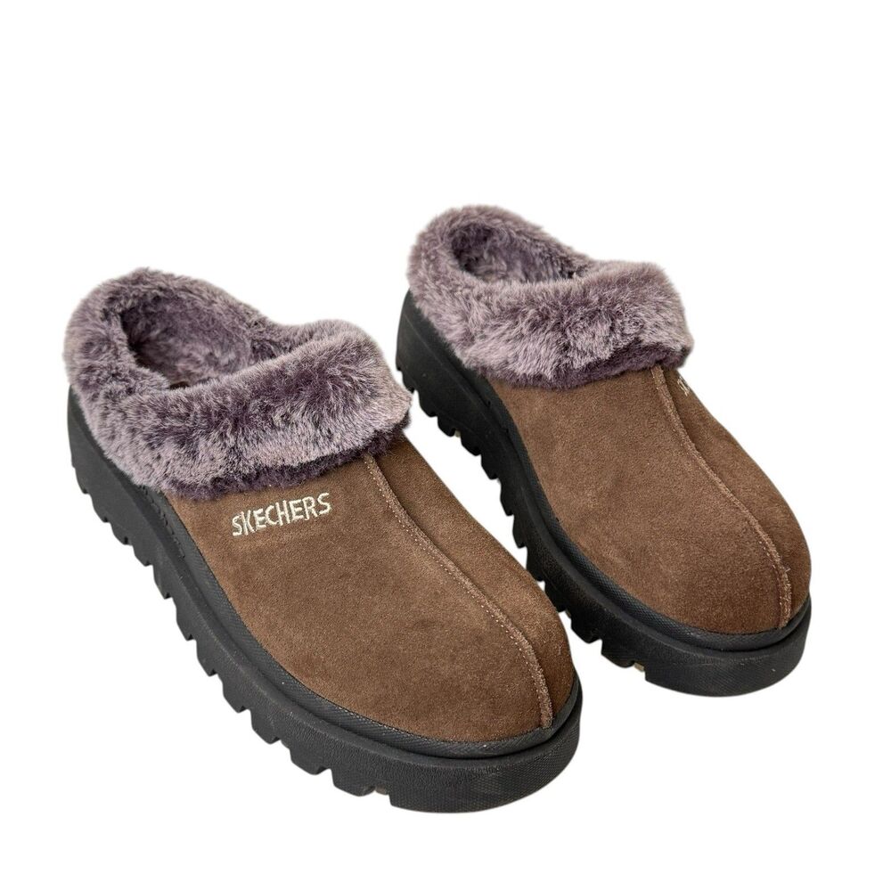 Skechers Shindigs Fortress Fur Lined Clog Slipper 7 Brown Suede Slip On Cozy Y2K
